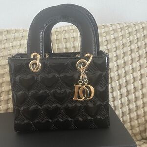 Black Patent Heart-Quilted Mini Tote with Gold Charm